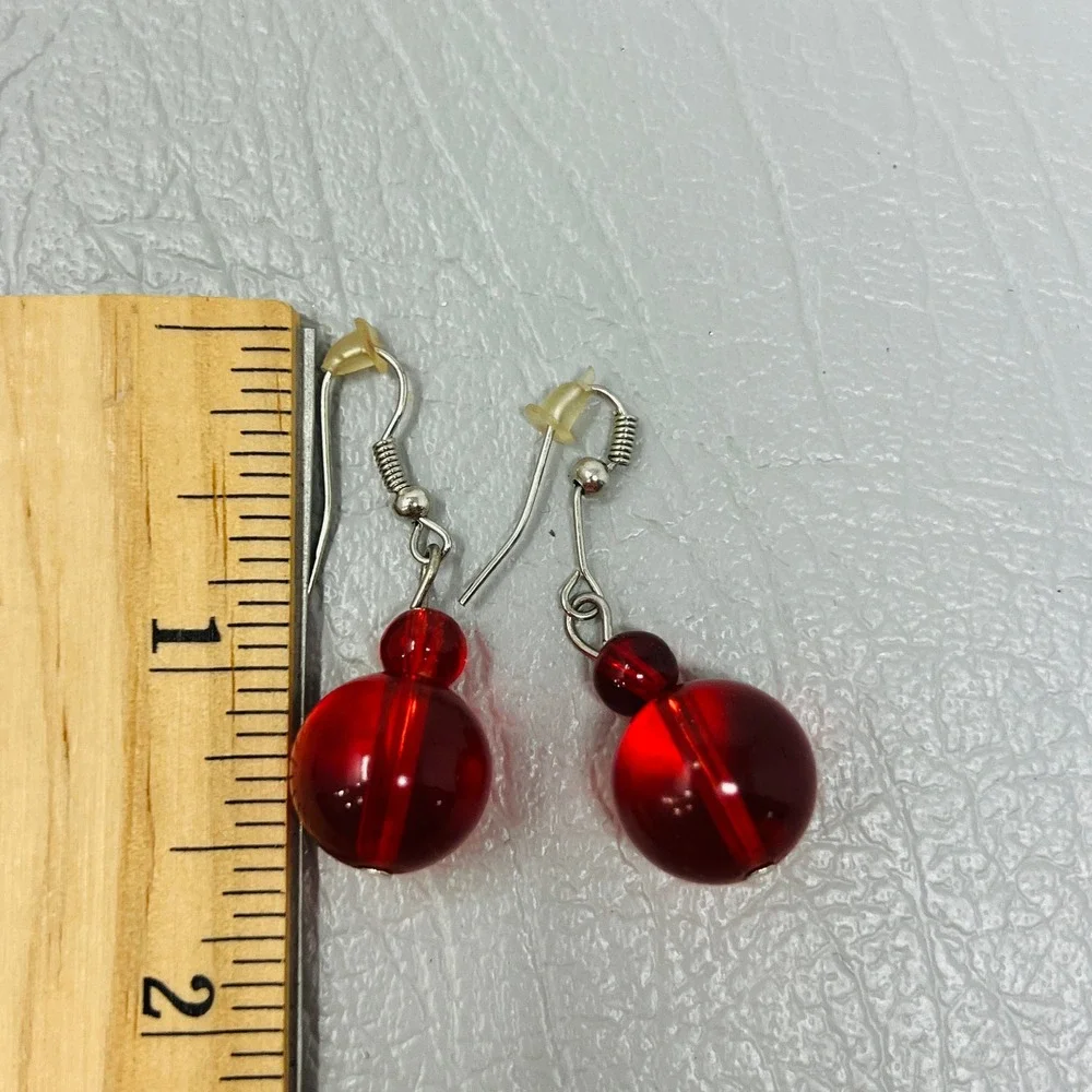 Red Translucent Earrings Double Glass Bead Dangle Drop‎ Silver Tone Hooks
